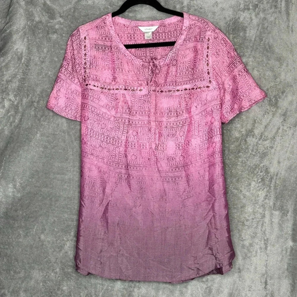 CJ Banks 1X Shirt Top Purple Aztec Ombré Short Sleeve Keyhole Scoop Neck Rayon - Picture 1 of 7